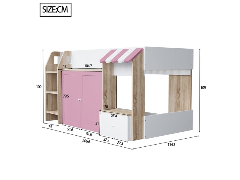  Lit mezzanine enfant 90 x 200 cm blanc, rose et couleur bois avec échelle et rangement  - Conforama E