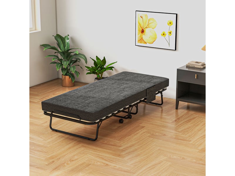  Lit pliant, matelas, 4 roues, cadre en métal, jusqu'à 150 kg, 190 x 80 x 42 cm, gris foncé  - Conforama D