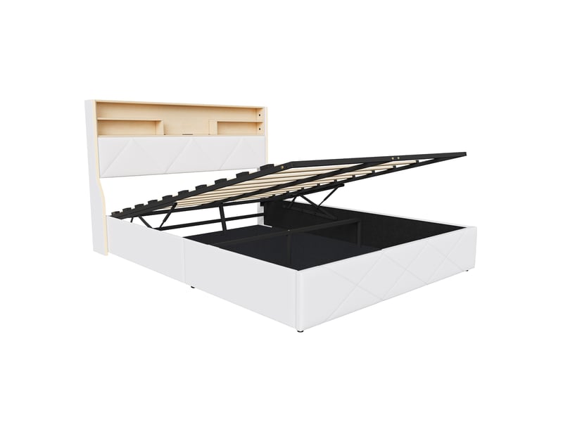  Lit coffre 160x200cm - lit double 160x200 - rembourré en simili cuir pu avec led, prises usb et rangement - blanc  - Conforama A