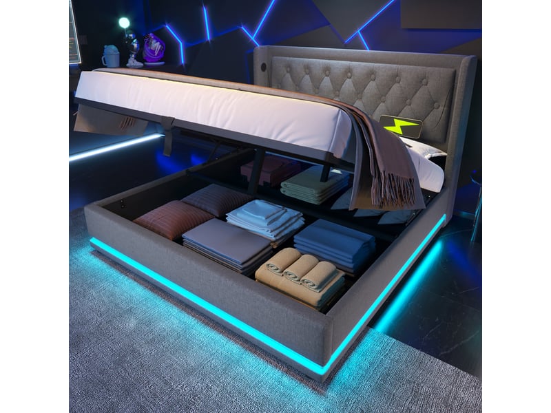  Lit coffre tcqpz 160 x 200 cm gris en coton, tête de lit capitonnée, usb type-c, led 3 côtés  - Conforama D