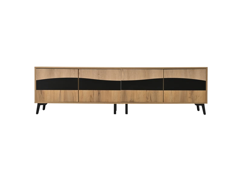  Meuble tv lowboard 180x40x50 cm en bois, 4 compartiments, pieds noirs métalliques, charge 30 kg, design symétrique  - Conforama A