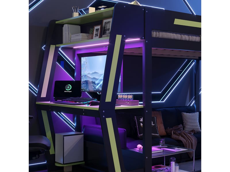  Lit mezzanine gaming 120x200cm, avec bureau, support pc, rangements, led, espace modulable, noir et vert  - Conforama E