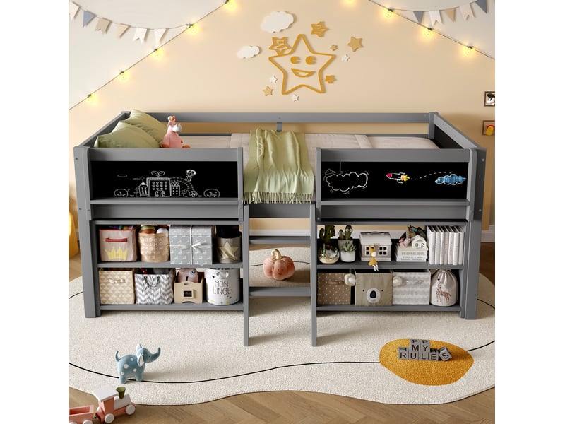  Lit surélevé 90x200 cm avec rangements, barrière et échelle de sécurité, style minimaliste, bois mdf, gris, sans matelas  - Conforama D