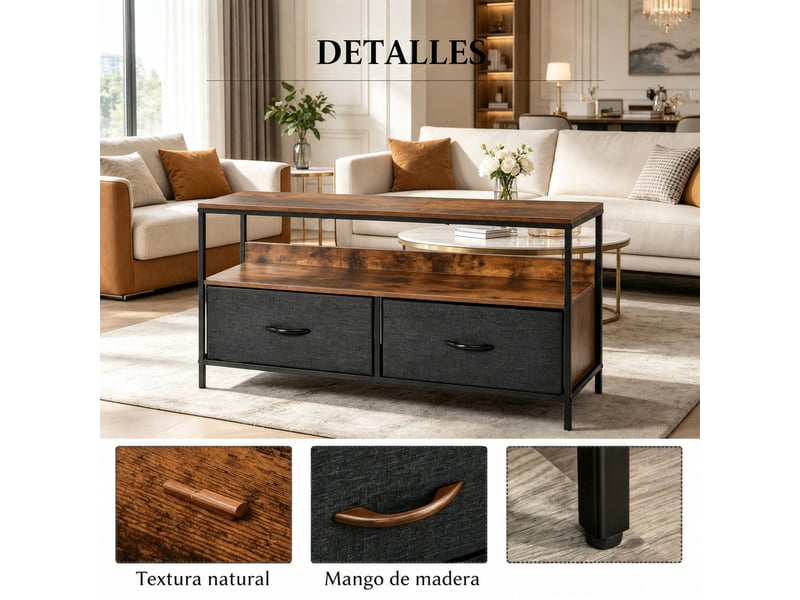  Meuble tv industriel avec 2 tiroirs pliables et niche pour salon 98×29×56 cm en mdf et métal  - Conforama D