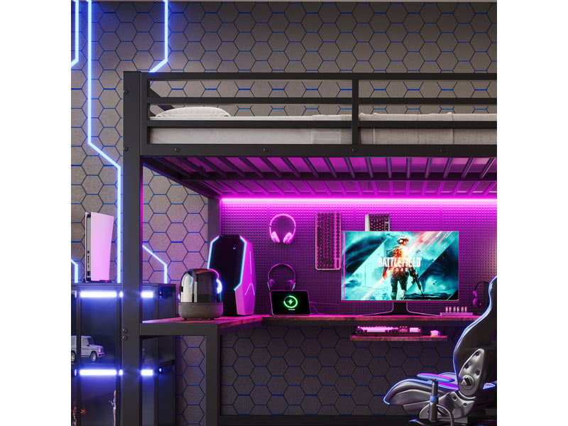  Lit mezzanine 120 x 200 cm - avec prise de courant et lumière led - avec bureau , plateau pour clavier et espace de rangement - noir (matelas non inclus)  - Conforama R