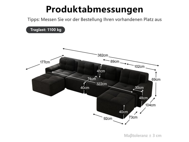  Canapé modulable en u 4 places avec méridienne en velours côtelé noir, sans montage  - Conforama C