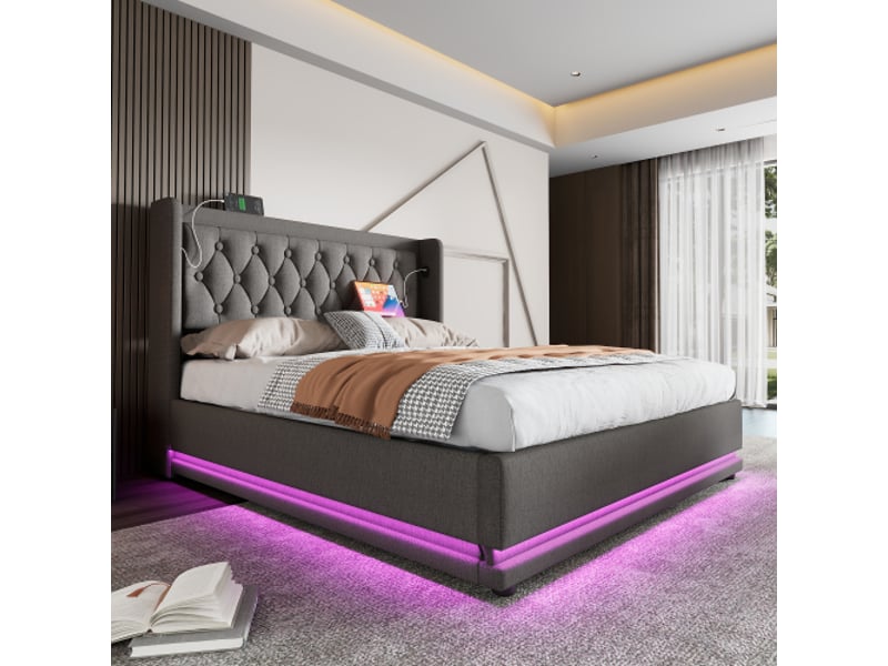  Lit hydraulique 180x200 cm avec tête de lit rembourrée, rangement intégré, usb-c et éclairage led, tissu coton gris (sans matelas)  - Conforama E