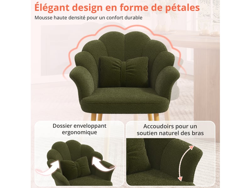  Lot de 6 fauteuils de salle à manger 64x65,5x85 cm, dossier pétale, accoudoirs, tissu teddy, pieds dorés, vert  - Conforama E