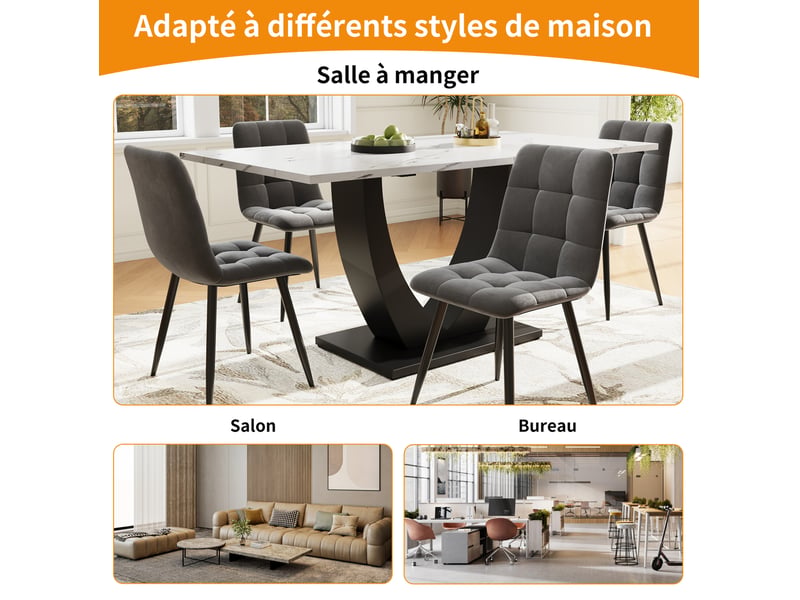  Table à manger 140x75x75,5cm, table rectangulaire, motif de marbre, pied réglable en métal, style design,mdf, blanc+noir  - Conforama C