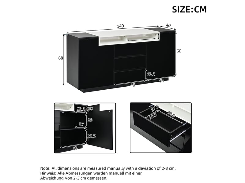 Buffet 140x40x68 cm, 2 portes et 3 tiroirs, éclairage led, panneaux de particules noir - Conforama E