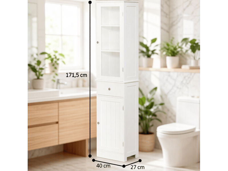 Armoire de salle de bain moderne avec 2 portes 1 tiroir et 3 étagères, surface résistante à l'eau blanche - Conforama C