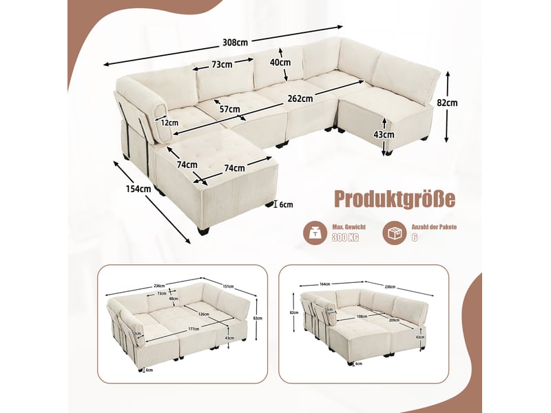  Canapé modulable 6 places en velours côtelé beige, convertible en u ou l, avec poches latérales pratiques  - Conforama C