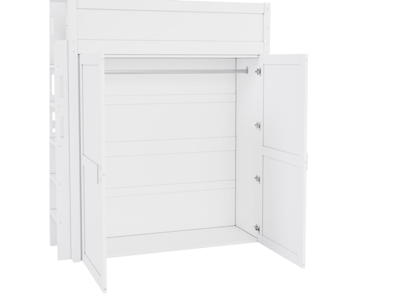 Lit mezzanine 90x200 cm blanc, avec bureau intégré, rangements, placard 3 compartiments, led, étagères, sommier inclus, sans matelas - Conforama D