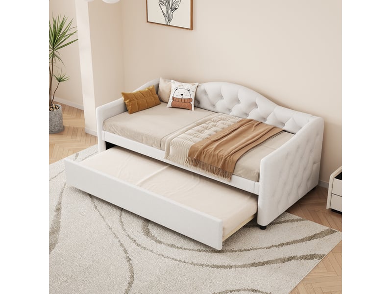  Lit gigogne, 90x200 cm, lit tiroir pensé pour libérer de l’espace, style minimaliste moderne, lin et mdf, coloris beige  - Conforama E