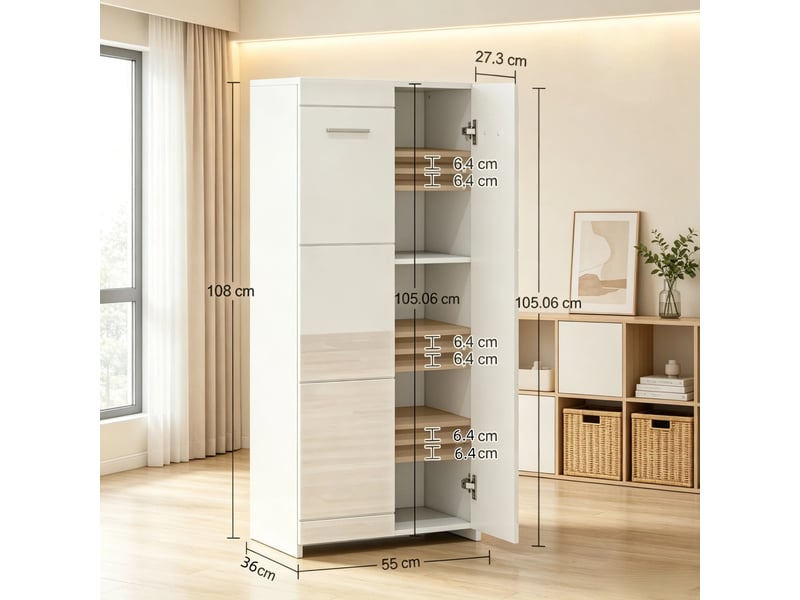 Meuble à chaussures,55x36x108 cm,2 portes,panneau de particules,blanc brillant - Conforama C