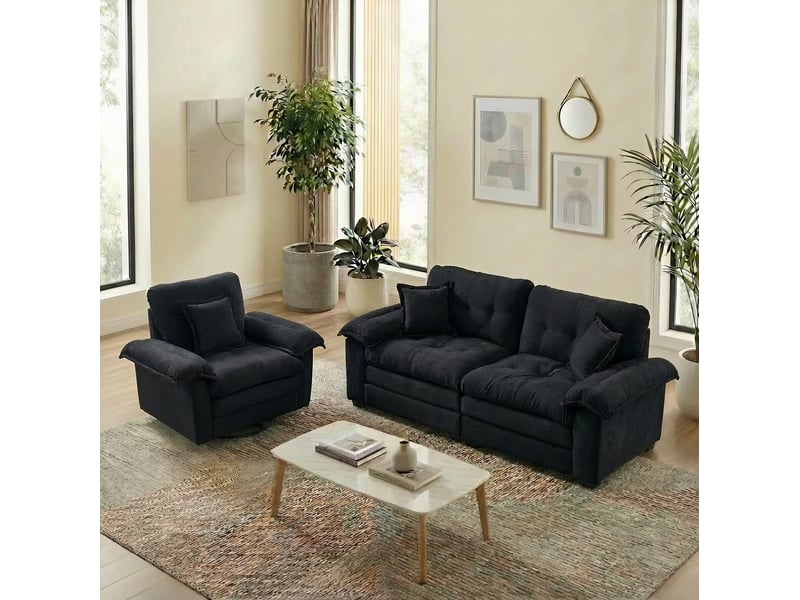 Lot de 2 canapés droits fixes 3 places en tissu noir, assises profondes et mousse à mémoire de forme - Conforama B