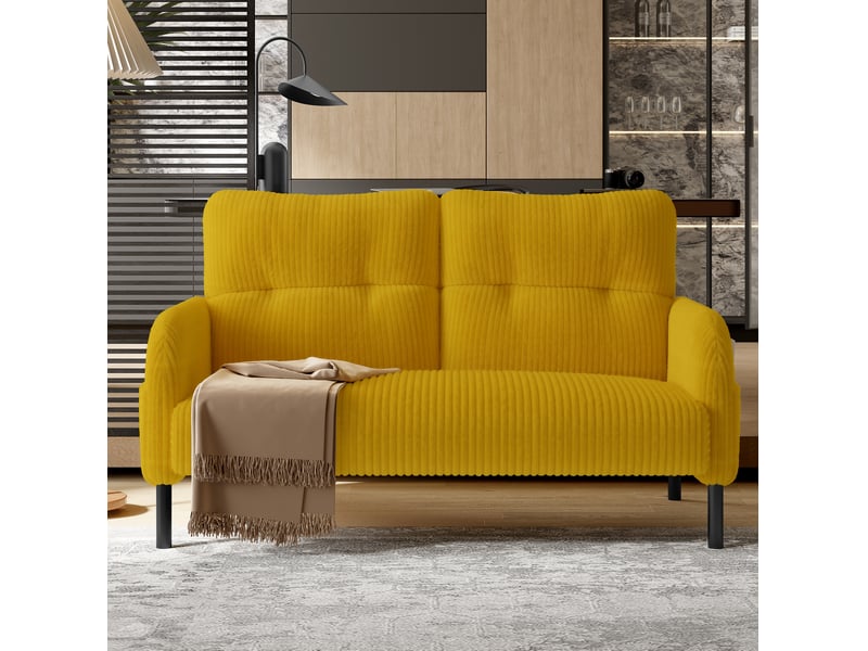  Canapé droit fixe 2 places en velours côtelé jaune, avec poche latérale et pieds métal, pour votre salon  - Conforama E