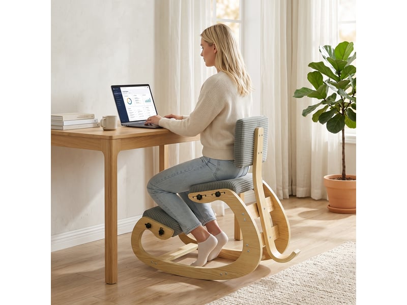  Chaise ergonomique à genoux avec dossier, aspect velours côtelé, grise  - Conforama D