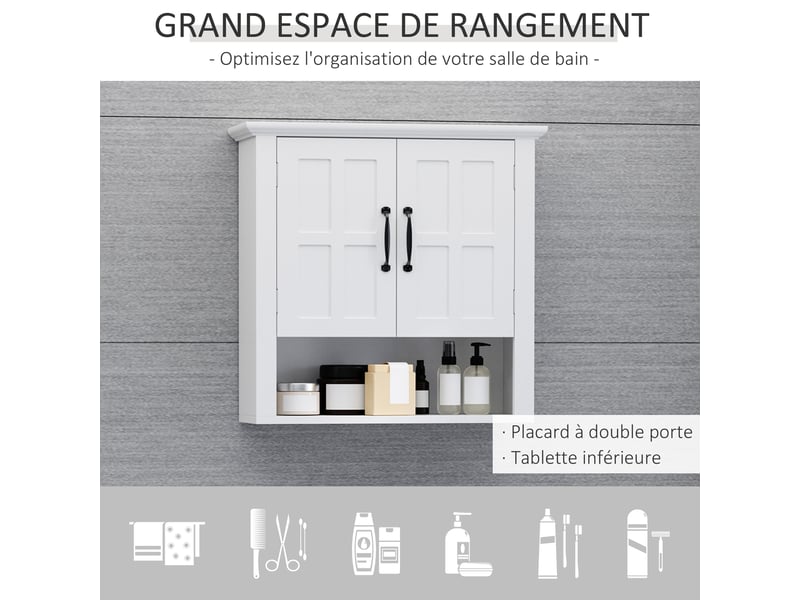  Armoire murale de salle de bain 2 portes 2 étagères et niche en mdf et panneaux blanc  - Conforama D