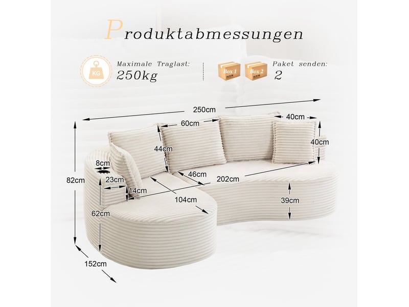Canapé fixe incurvé 3 places en velours côtelé beige, avec porte-gobelets et poches latérales pour le salon - Conforama C