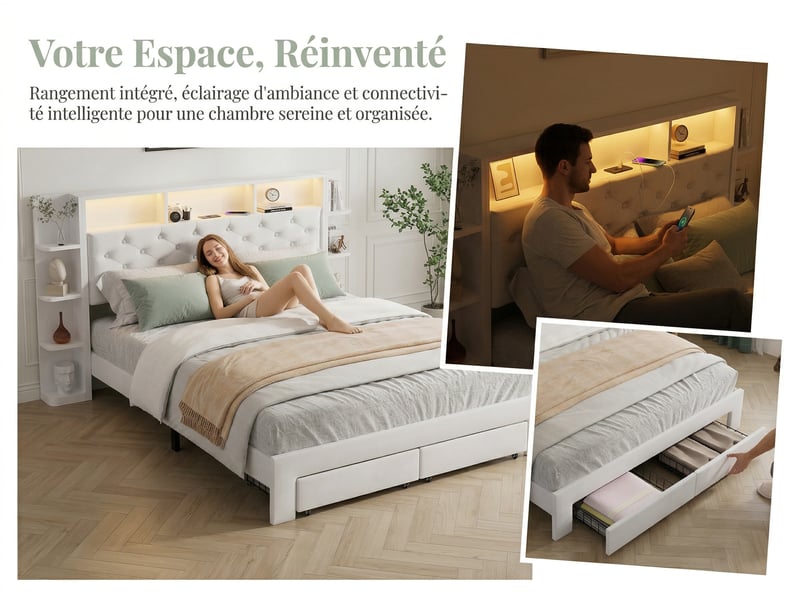  Lit 2 places 160x200 cm - tiroirs de rangement et led - usb - lit 2 places velours - tête de lit avec rangement ouvert  - Conforama E
