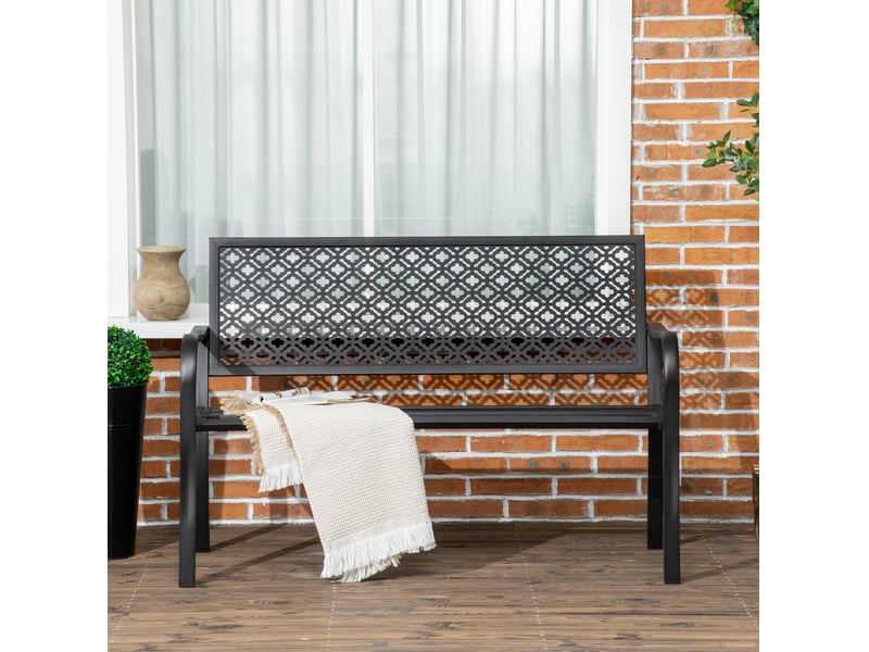 Banc de jardin 2 places 127 x 63 x 83 cm – noir – acier thermolaqué, dossier à motif floral et accoudoirs - Conforama B