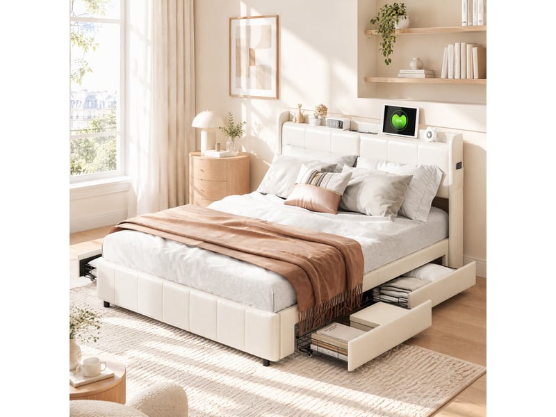  Lit 160x200 avec sommier et rangement,cadre de lit avec charge usb, lit double capitonné avec 4 tiroirs, facile à assembler, pu, sans matelas, blanc  - Conforama B