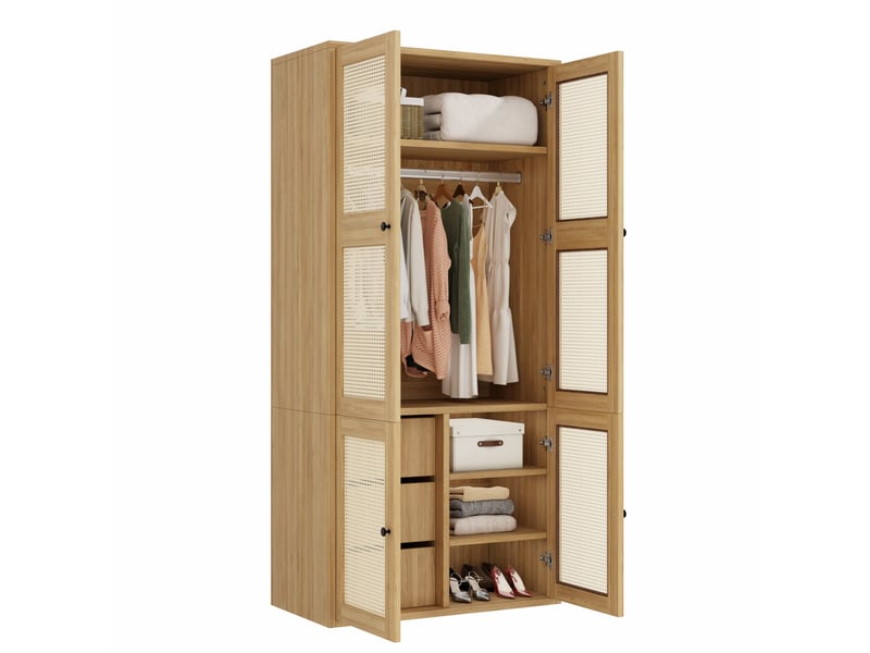  Armoire modenvie en mdf et rotin 90 x 47 x 200 cm, 3 tiroirs, 4 compartiments, tringle, décor chêne  - Conforama A