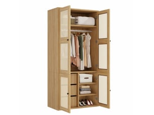 Armoire modenvie en mdf et rotin 90 x 47 x 200 cm, 3 tiroirs, 4 compartiments, tringle, décor chêne