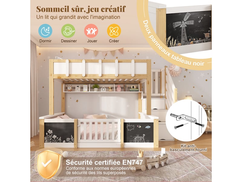 Lit superposé enfant 90×200+140×200 cm en bois, lit familial avec escalier coffre, porte de sécurité, tableau et rangements - blanc et bois naturel - Conforama E