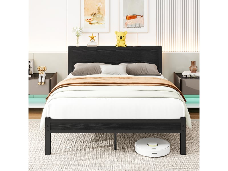  Lit simple 120 × 200 cm avec tête de lit à rangement, sans matelas, en mdf et métal, noir  - Conforama C