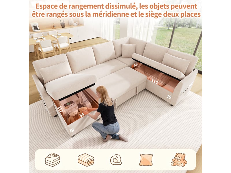 Canapé d'angle convertible 6 places en lu, méridienne réversible, rangements, usbtype-c, aspect lin beige - Conforama E