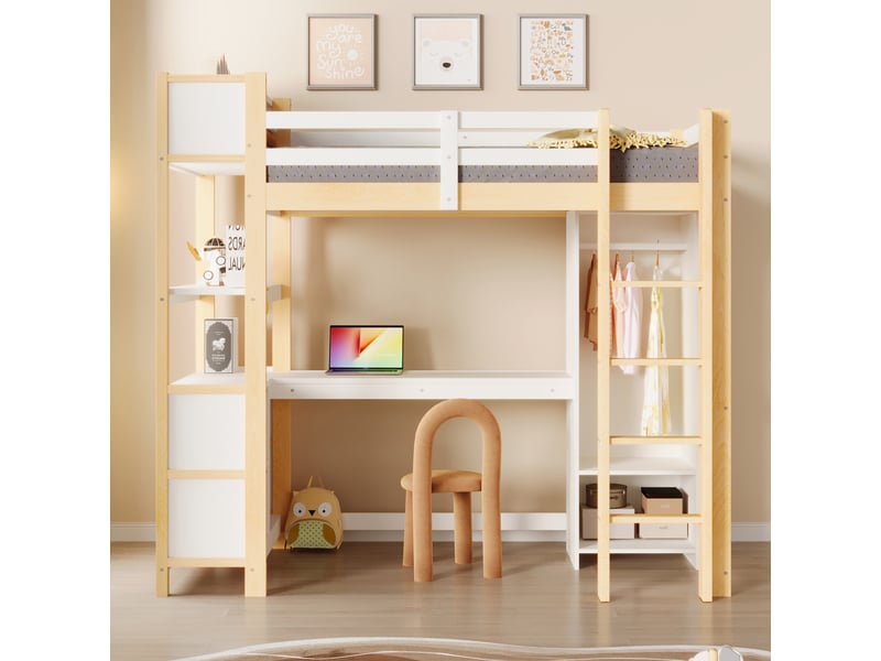  Lit mezzanine 90x200 cm avec bureau, étagères, armoire, sans matelas, naturel, rangement pour enfant sûr  - Conforama C