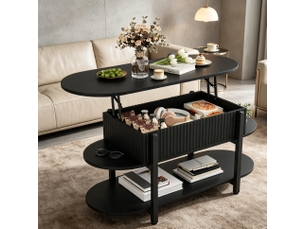 Table basse relevable – plateau ovale – rangement intégré – design moderne – noir