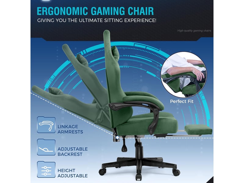 Gtplayer chaise de jeu inclinable à 160° avec repose-pieds 180kg - tissu vert GT829-GE - Conforama E