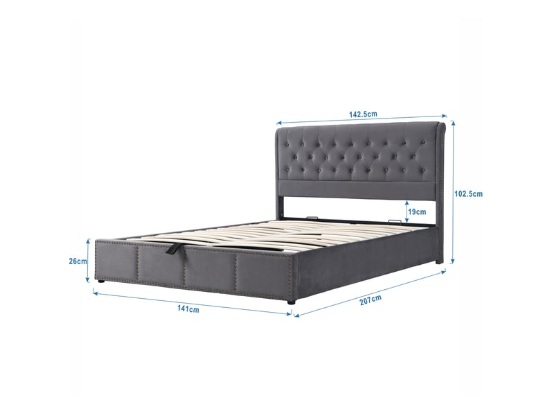  Lit coffre 140x200 cm avec vérin hydraulique, rangement intégré, banquette, tissu velours, coloris gris, sans matelas  - Conforama C