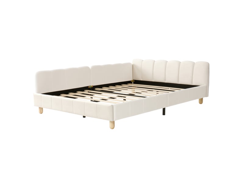  Lit capitonné, lit enfant 140 x 190 cm, avec tête de lit capitonnée et barrière de sécurité, pieds en bois massif, velours, beige.  - Conforama E