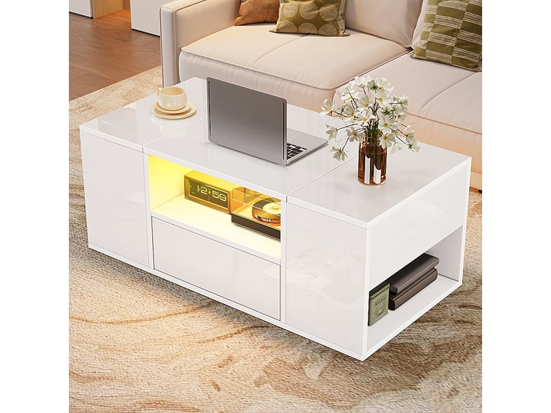  Table basse blanche brillante avec éclairage led, table de salon 100x50x40 cm avec tiroir et compartiments  - Conforama C