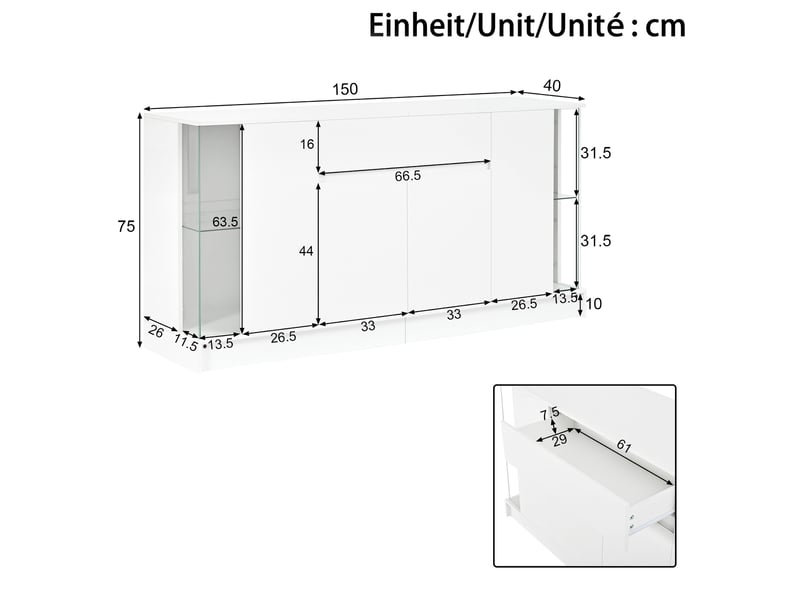  Buffet de rangement 150x40x75 cm, éclairage led, portes battantes, tiroir, éléments vitrés pour salon et salle à manger - blanc GL8834W - Conforama C
