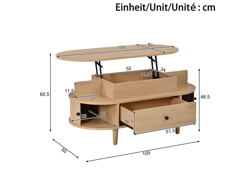  Table basse ovale relevable 105x50x60,5 cm avec rangement, mdf naturel  - Conforama C