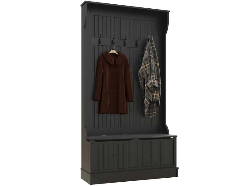  Porte-manteau avec banc de rangement pour chaussures et 5 crochets, style moderne, 96 x 34 x 179,7 cm, noir  - Conforama A