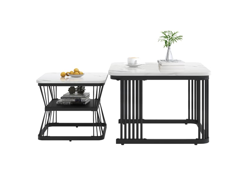  Ensemble de 2 tables d'appoint modernes, en mdf aspect marbre, structure en tube d'acier blanc brillant noir, dimensions des 2 tables : 65 x 65 x 45 cm et 45 x 45 x 39,5 cm.  - Conforama E