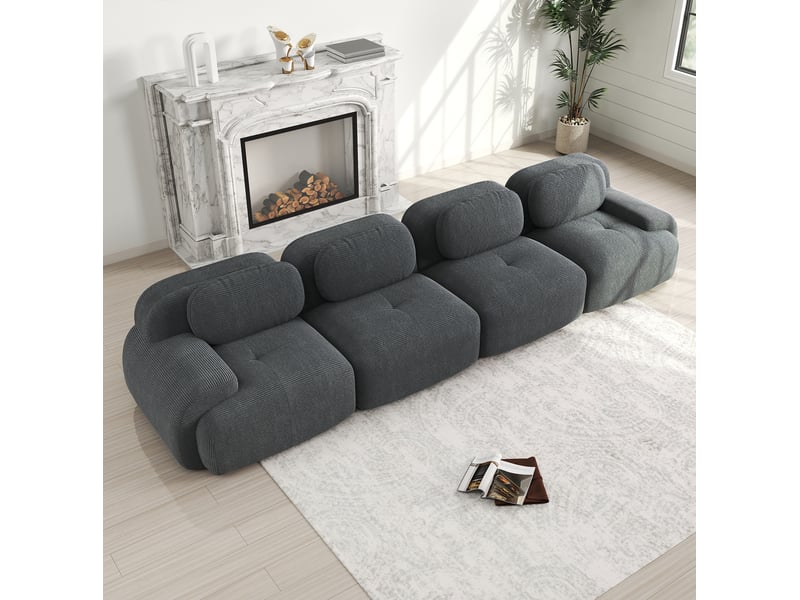  Canapé modulaire 4 places avec assise 32d et accoudoirs arrondis, sans montage, en velours côtelé gris  - Conforama D