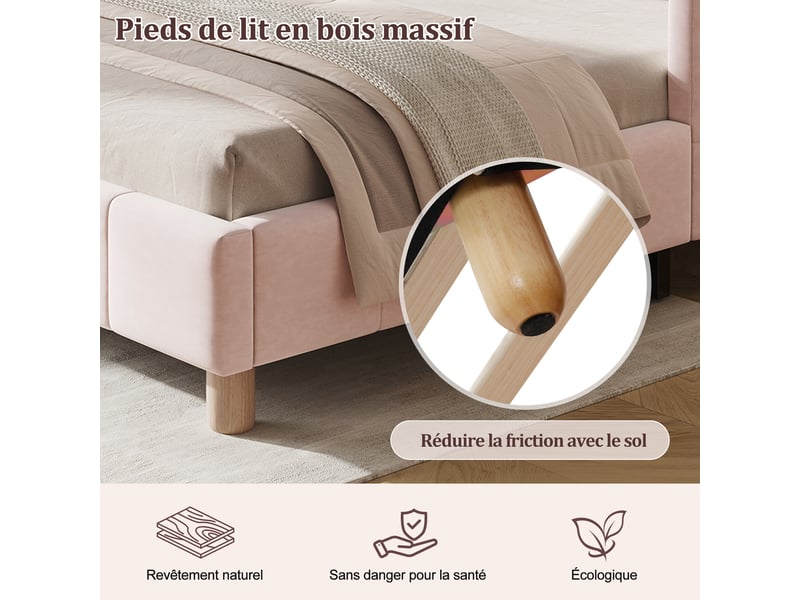  Lit banquette rembourré 90x200 cm, lit simple avec tête de lit, lit enfant, barrière de sécurité, pieds bois massif, velours, rose Seren Glow - Conforama E