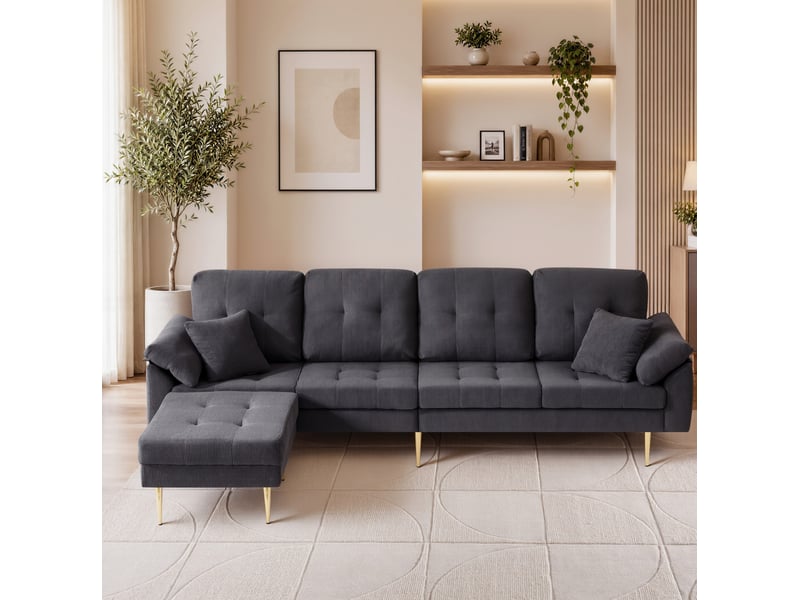 Canapé 4 places modulable avec pouf, 250x70x71 cm, pieds en métal, couleur gris foncé - Conforama B