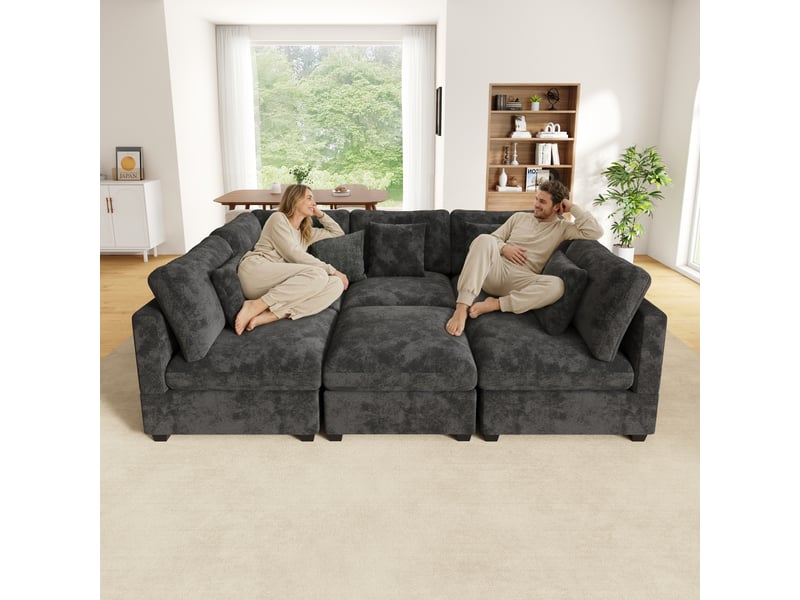  Canapé d’angle modulable avec rangement xl 6 places 370 x 147 x 81 cm grand canapé en l avec méridienne et pouf chenille gris  - Conforama D