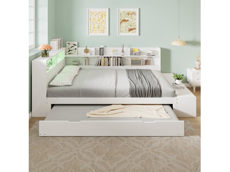 Lit banquette 120x200 cm avec lit gigogne 90x190 cm, led et rangement, blanc, sans matelas - Conforama W