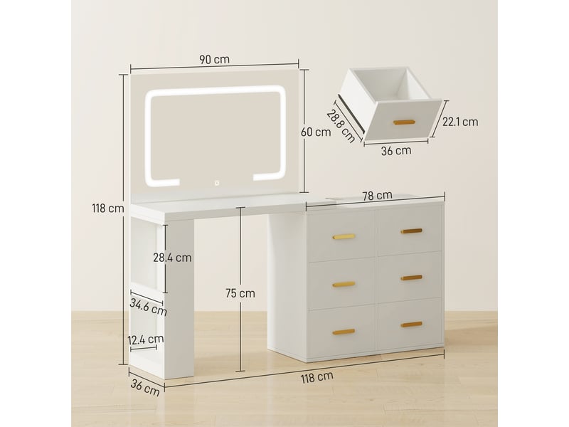  Coiffeuse de chambre avec miroir, éclairage led réglable, 6 tiroirs, 2 étagères et prises électriques, blanche  - Conforama E