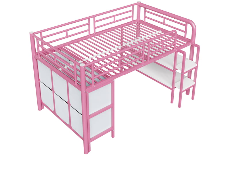  Lit mezzanine enfant 90x200 cm basse hauteur tiroirs rangements marches larges coins arrondis métal rose sans matelas  - Conforama R