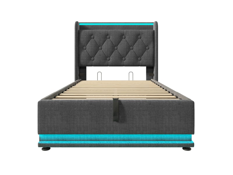 Lit coffre simple 90x200 cm avec led et usb, lin, gris, matelas inclus - Conforama C